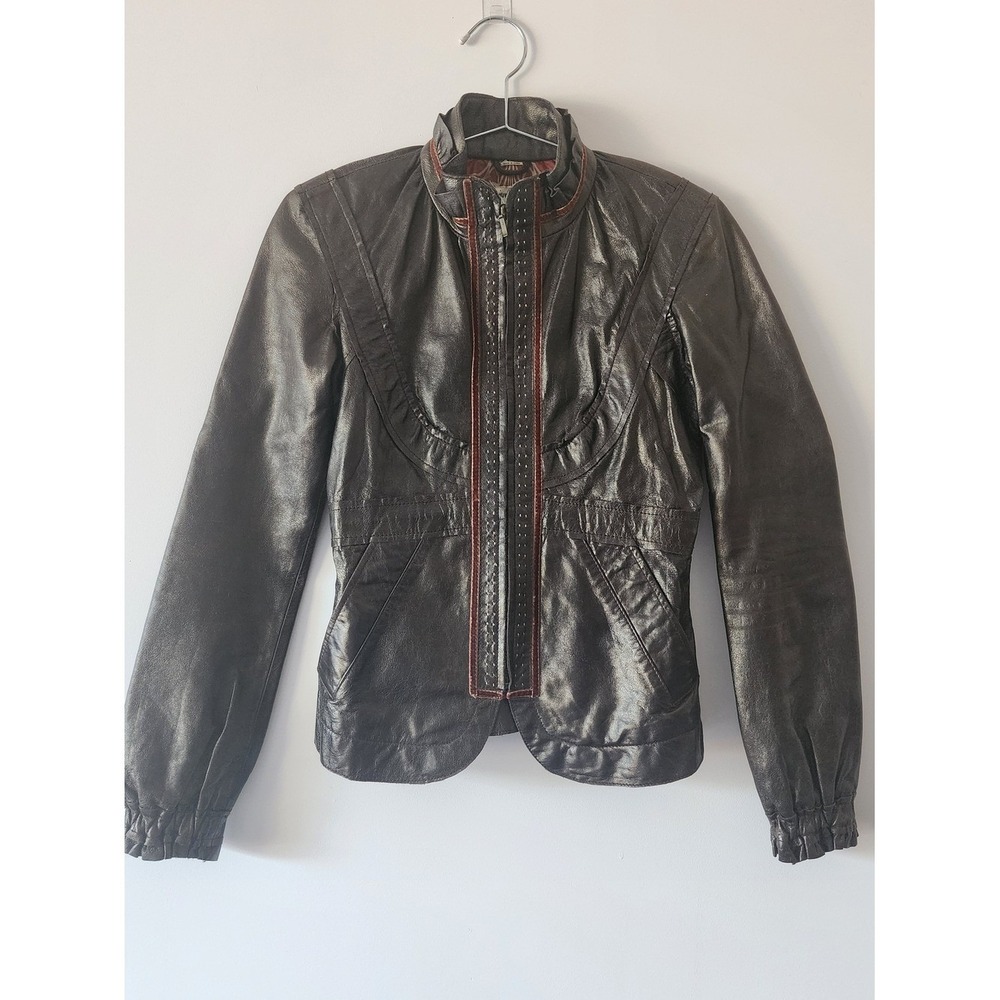 June Metallic Leather Silk-Trim Jacket Women XS Brown Ruffled Full-Zip Y2L Luxe